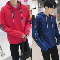 Male hooded Pullover Sweater in autumn and Winter Youth trend of Korean loose coat plus velvet long sleeved clothes 3XL 1711 red +1712 blue