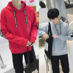 Male hooded Pullover Sweater in autumn and Winter Youth trend of Korean loose coat plus velvet long sleeved clothes 3XL 1711 red +1712 ash