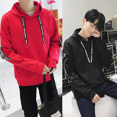 Male hooded Pullover Sweater in autumn and Winter Youth trend of Korean loose coat plus velvet long sleeved clothes 3XL 1711 red +1712 black