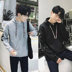 Male hooded Pullover Sweater in autumn and Winter Youth trend of Korean loose coat plus velvet long sleeved clothes 3XL 1711 ash +1712 black