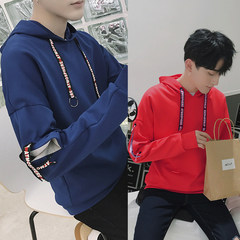 Male hooded Pullover Sweater in autumn and Winter Youth trend of Korean loose coat plus velvet long sleeved clothes 3XL 1711 blue +1712 red
