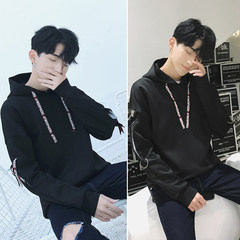 Male hooded Pullover Sweater in autumn and Winter Youth trend of Korean loose coat plus velvet long sleeved clothes 3XL 1711 black +1712 black