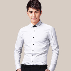 2000 men married white long sleeved shirt slim shirt business work with Korean occupation groomsman DP G 40 (15.5 170/96) White black collar without pocket (Bai Lang trademark)