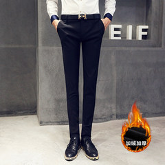 Autumn and winter men's business casual pants slim feet pants suit trousers and a trend of Korean winter long cashmere pants Size is small. It is recommended to take a big one Black (with velvet)