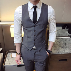 Autumn Korean Cultivating Men's suits vest three piece stylist vest suits casual clothing vest S Gray (vest +9 pants)