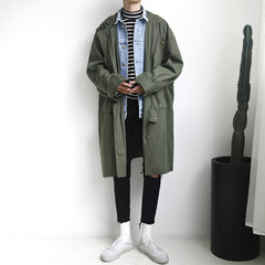 The fall in the long coat male Korean OVERSIZE loose solid coat young Hooded Jacket thin coat M Army green