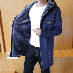 Autumn and winter men's coat and cashmere windbreaker long thickening students of junior male Hooded Coat clothes outside the tide 3XL F911 blue