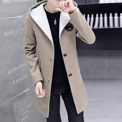 2017 new men's hooded windbreaker loose wool coat Korean handsome long garments in autumn woolen coat 3XL Beige