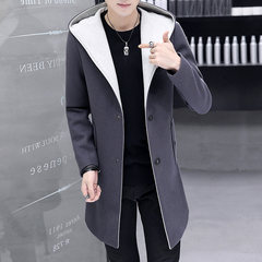 2017 new men's hooded windbreaker loose wool coat Korean handsome long garments in autumn woolen coat 3XL gray