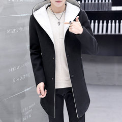 2017 new men's hooded windbreaker loose wool coat Korean handsome long garments in autumn woolen coat 3XL black