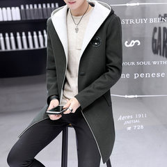 2017 new men's hooded windbreaker loose wool coat Korean handsome long garments in autumn woolen coat 3XL Army green