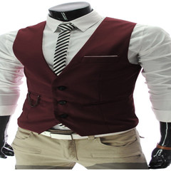 The fall of man's suit vest British style Korean black double breasted suit vest Vest Mens slim type tide 3XL Claret