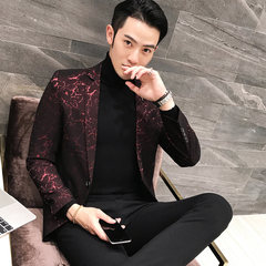The spring and Autumn period the trend of printing small suit men's fashion business casual fashion floral suit coat new suit 2XL Claret