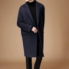 2017 new student wool cashmere coat young men loose coat in Korean male long winter woolen coat XL Navy Blue