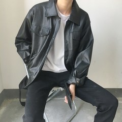 LES T of South Korea to loose handsome boys short Pu BF leather motorcycle jacket leather coat and the autumn wind M black