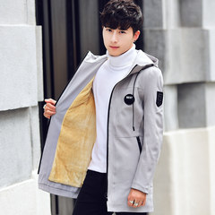 Autumn and winter men's jacket and cashmere windbreaker long thick Korean handsome young warm Hooded Jacket Coat 3XL gray