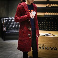 Winter sweater, autumn Chinese wind, men's windbreaker, big code coat, long knitted coat Cape, men's fat XL Wine red (buckle)