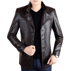 2017 middle-aged men in Haining in spring and autumn, New Mens Leather Jacket sheepskin coat really slim in the long section 180 yards Deep coffee