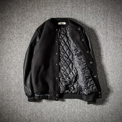 The fall of the new Japanese leather sleeves baseball uniform jacket men Baseball Jacket thick Baseball Jacket street fashion jacket 3XL Black (cotton clip)