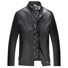 Haining sheep leather, leather coat, men's Lapel short leather jacket, middle and old aged down jacket plus cotton warm coat Fifty-six A - Knight black collar - plus cotton