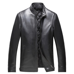 Haining sheep leather, leather coat, men's Lapel short leather jacket, middle and old aged down jacket plus cotton warm coat Fifty-six B - Knight black collar - plus cotton