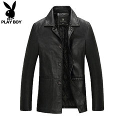 Playboy Haining leather coat, men's mid aged sheep leather jacket, thickening coat, middle aged and old dad outfit 3XL Black 1