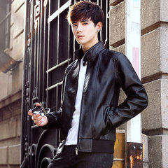 Leather collar male slim handsome Korean 2017 new spring coat jacket with Fleece Winter locomotive 3XL black