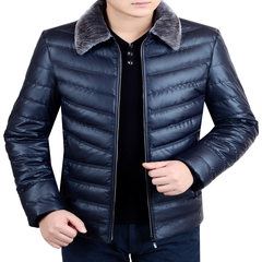 Dandy male winter middle-aged leather thickened down cotton coat lapel dress jacket dad. 175/88A Navy Blue