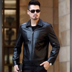 Autumn and winter leather coat jacket men fall 2017 new male middle-aged father equipped with thick velvet 190/3XL Black (Lapel)