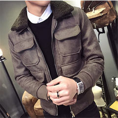 2017 new winter jacket slim male suede thickened trend of Korean Lamb Fur Coat Jacket handsome 3XL Brownish green