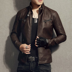 Leather jacket, men's jacket, sheep skin, 2017 new style plus cashmere, young Korean trend, handsome and handsome motorcycle suit M-[size is smaller! ] 609- coffee - take care oil + higher wallet]