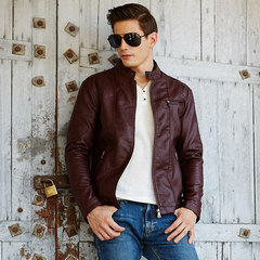 Leather jacket, men's jacket, sheep skin, 2017 new style plus cashmere, young Korean trend, handsome and handsome motorcycle suit M-[size is smaller! ] 612- Bordeaux - send care oil + higher wallet]