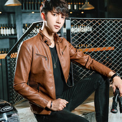 Leather jacket, men's jacket, sheep skin, 2017 new style plus cashmere, young Korean trend, handsome and handsome motorcycle suit M-[size is smaller! ] 609- - send oil + Khaki nursing higher wallet]