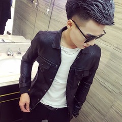 The new autumn and winter clothing embroidery PU Korean handsome slim leather jacket locomotive youth trend of men's leather jacket 3XL S05 black