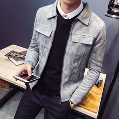 2017 Korean winter men's casual jacket autumn winter jacket lapel short slim suede 3XL gray