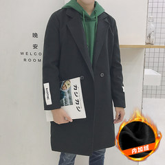 2017 new men's windbreaker winter long coat slim handsome Korean students thick woolen coat tide S Black velvet