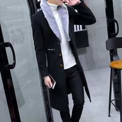The winter thick woolen coat personality male wool coat slim British style coat lengthened Korean youth tide One hundred and sixty-five Removable collar black