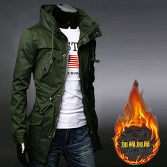 The new autumn and winter in the men's windbreaker and long sections of young Korean coat collar British male slim cotton coat 3XL Army green cotton