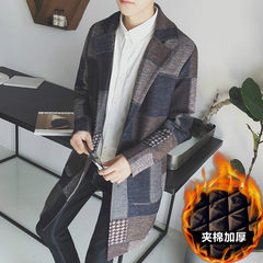 2017 handsome men in autumn and winter long windbreaker Plaid Wool Coat slim Korean men's fashion coat Add cotton money is small, suggest to choose a big code Blue [cotton thickening]