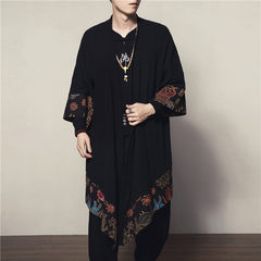 Male size antique windbreaker retro kimono long coat cloak China folk style autumn Hanfu wave fat M black