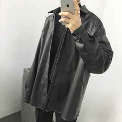 GB custom trend of Korean men oversize leather jacket and shirt collar leather with young men and women M black
