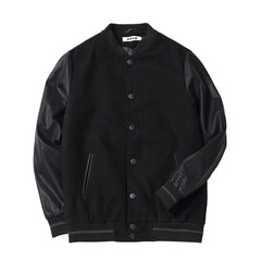 Baseball Jacket leather Sleeves Shirt Mens baseball uniform male stick spring Wool Jacket Size Japanese Youth Baseball Jacket 3XL Black [thin section]