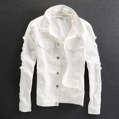 Original tooling Metrosexual white denim jacket slim short hole locomotive clothes denim jacket men jacket M Beige
