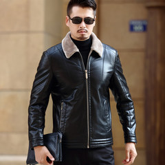 Haining fur leather jacket with Fleece Winter men's leather jacket lapel coat thick warm middle-aged XL/180 Fur (black)