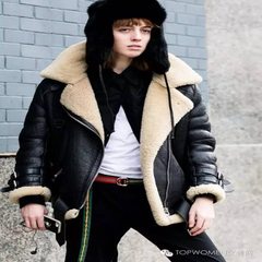 The winter coat fur lamb Plush men plus velvet motorcycle leather flight jacket thick Korean tide XS Black hair apricot