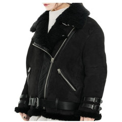 The winter coat fur lamb Plush men plus velvet motorcycle leather flight jacket thick Korean tide XS Black hair black suede
