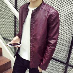 Autumn and winter the new leather jacket young man PU Korean cultivating locomotive leisure trend with cashmere coat 3XL Jujube red single