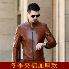 2017 new spring and autumn middle-aged men genuine leather business leather jacket thin Kuanqiu collar father put. 170/M 155 brown cotton
