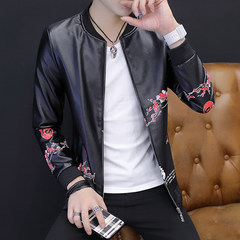 2017 spring new men's Leather Jacket Mens Leather Slim young Korean version of the PU locomotive leather coat thin tide 3XL Black P30