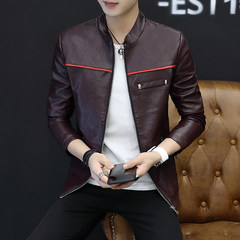 2017 spring new men's Leather Jacket Mens Leather Slim young Korean version of the PU locomotive leather coat thin tide 3XL Coffee 9902